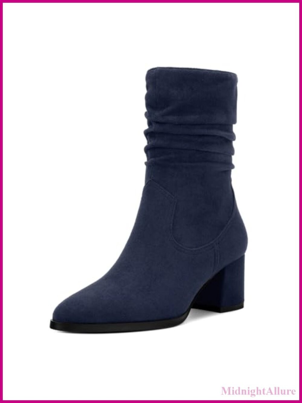Women's Mid Calf Suede Boots Chunky Heel Pleated Side Zip Pointed Toe